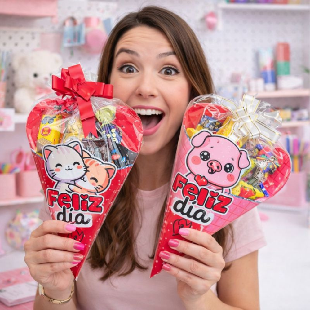 Mujer sonriendo sosteniendo conos corazón Feliz Día con gatitos y cerdito